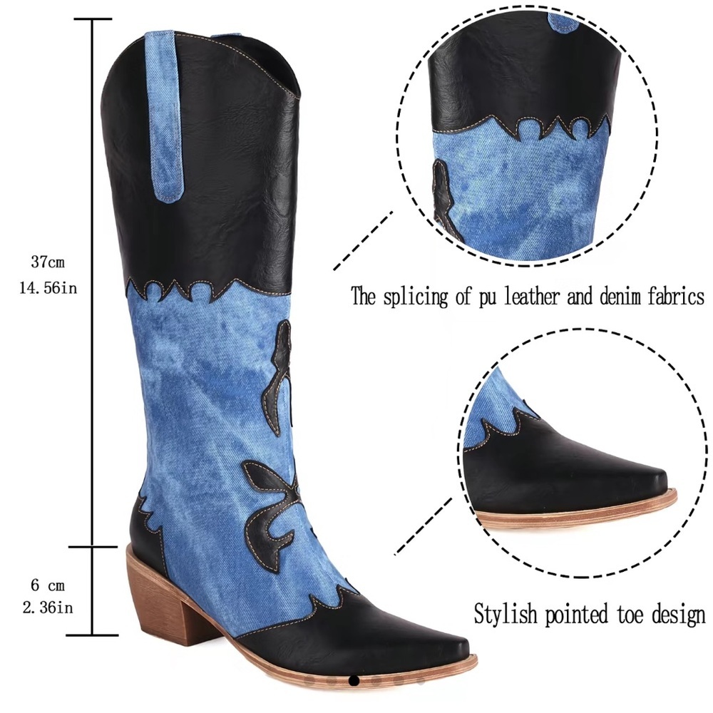 Women Denim Cowboy Boots with Black Accents - Picture 2 of 5